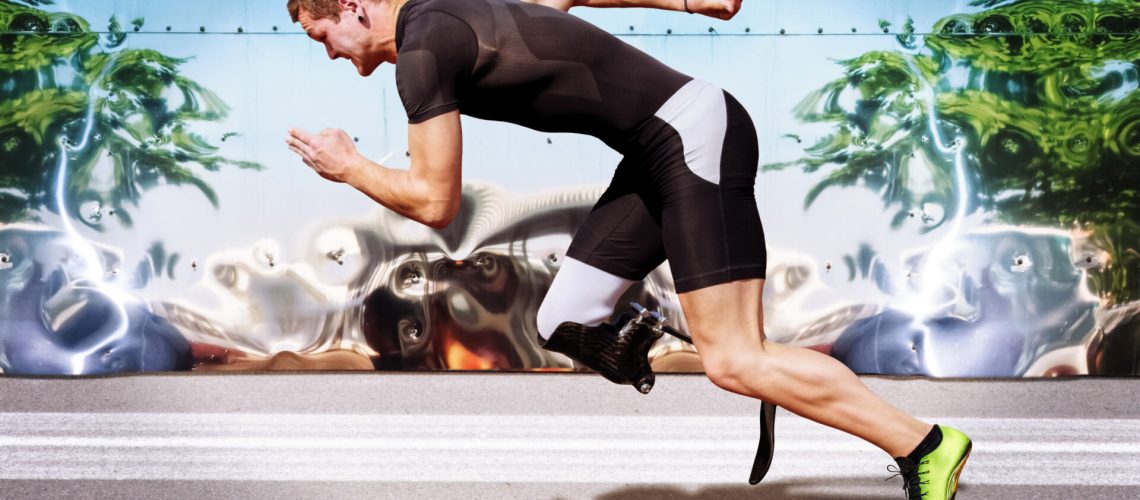 Explosive sprint of male athlete on road surface with strong reflecting metal background. Filtered version.